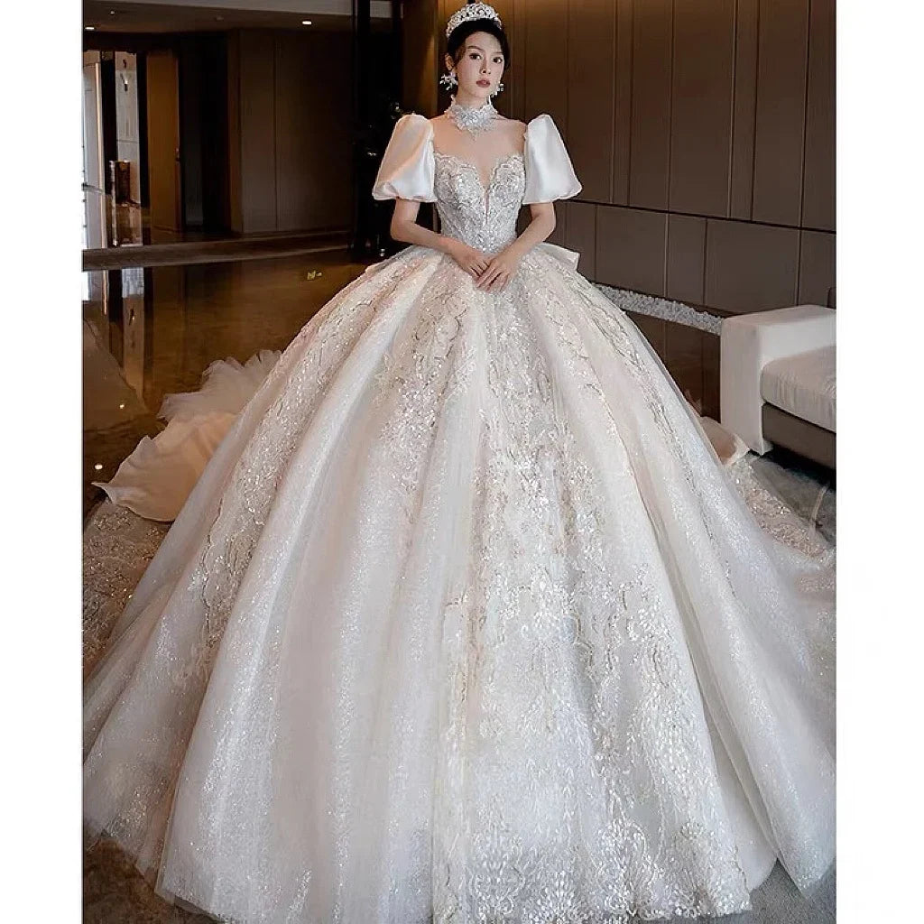 Glitter Satin Wedding Dress With High Neck EDL54 - URBANPICK FASHION