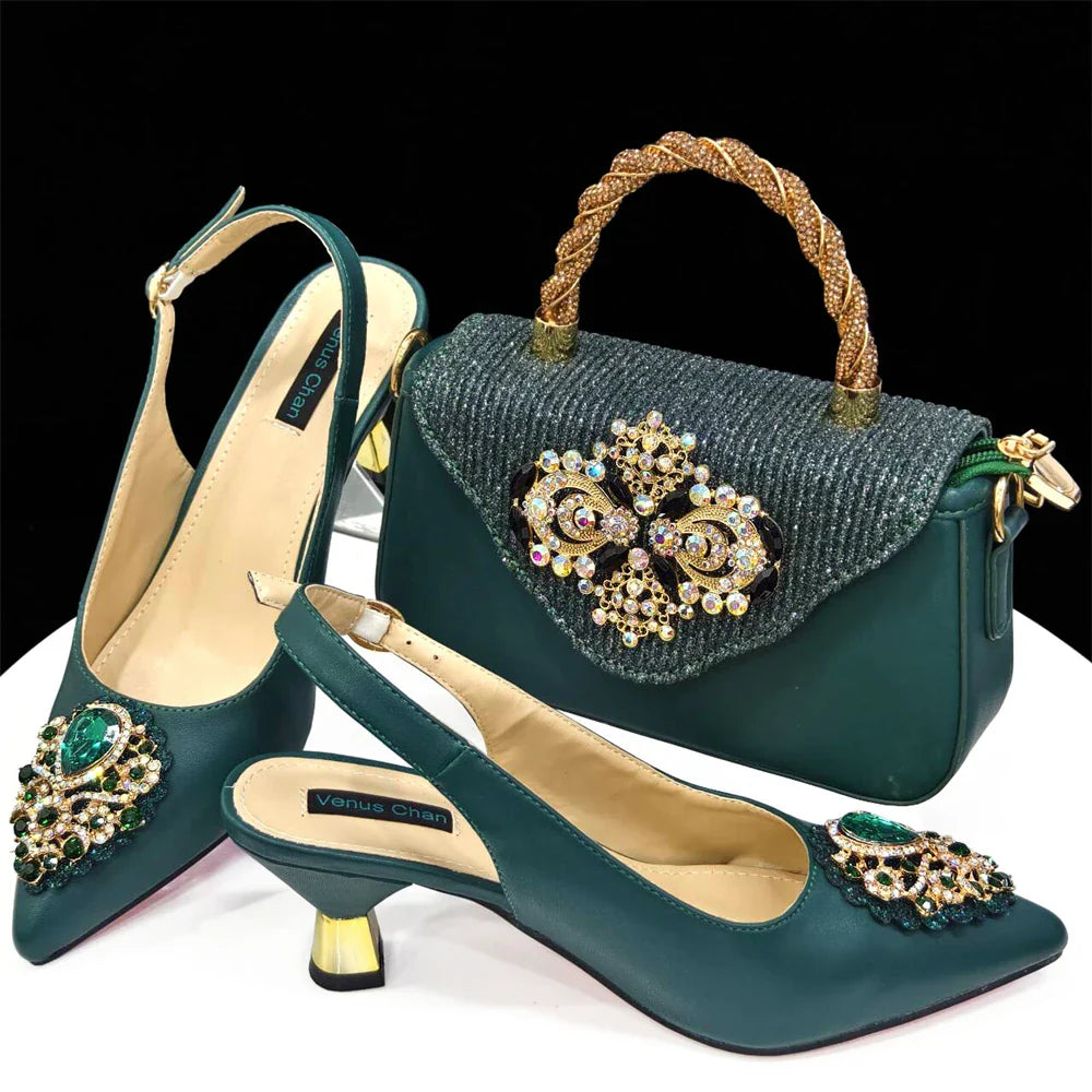 Women's Crystal Pointed High Heels Shoe Bag Set - URBANPICK FASHION