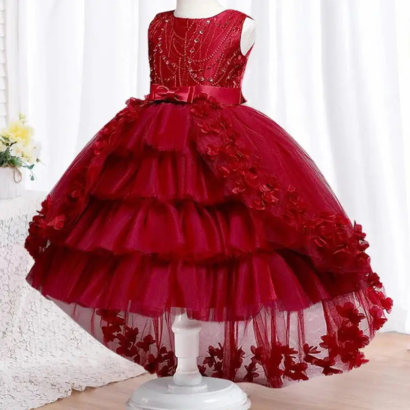 New Year Christmas Party Embroidered Sticker Tailcoat Flower Girl Part Dress - URBANPICK FASHION