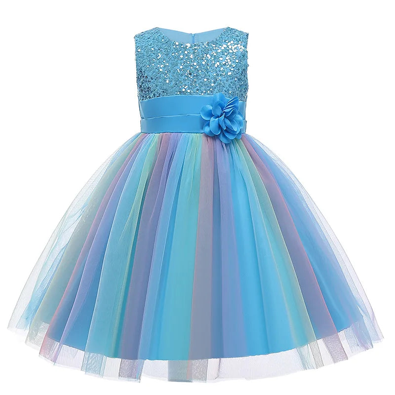 Sequins Girls Dress Summer Flower Fashion Rainbow Mesh Little Princess Dresses - URBANPICK FASHION
