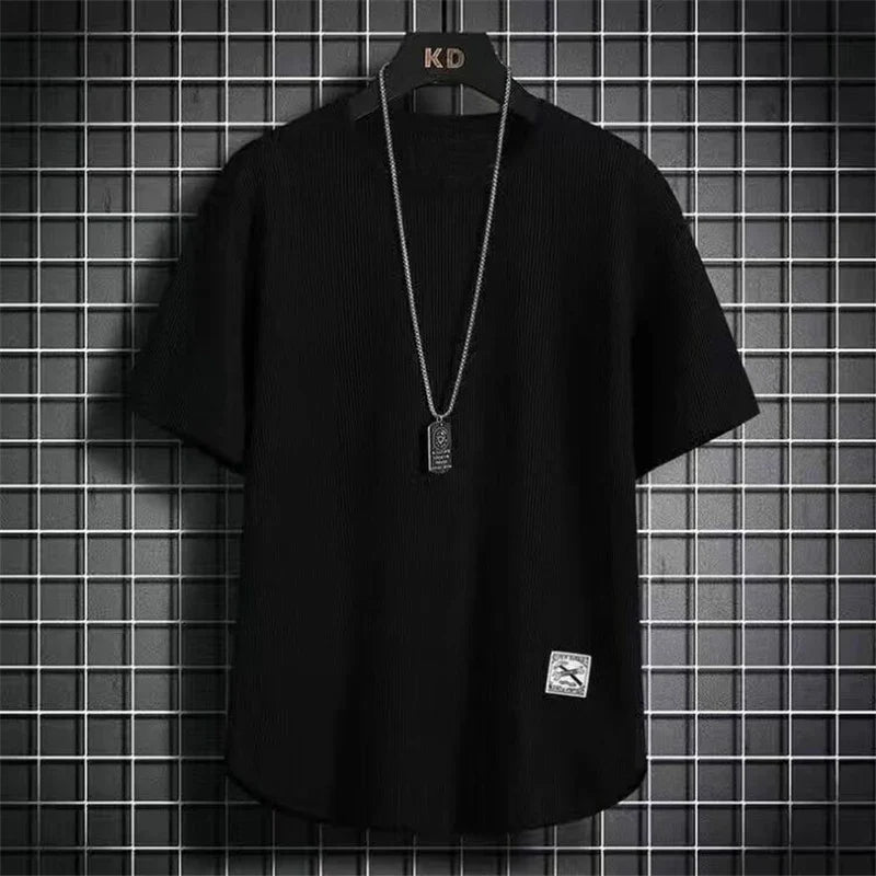 Men's Summer Trendy Simple Casual Short Sleeve T-shirts Y2K Harajuku Streetwear Appliques Tees Black White Round Neck Loose Tops - URBANPICK FASHION