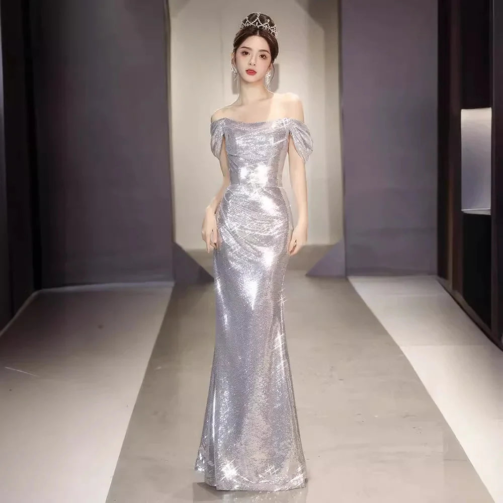 Off-Shoulder Silver Paillette Evening Dress for Women - URBANPICK FASHION