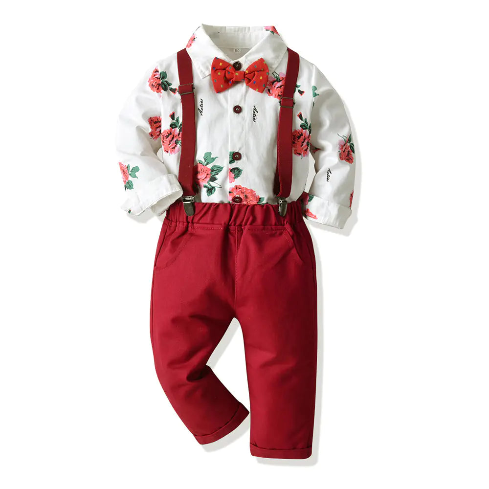 Floral Print Long Sleeve Shirt and Overalls Set - URBANPICK FASHION