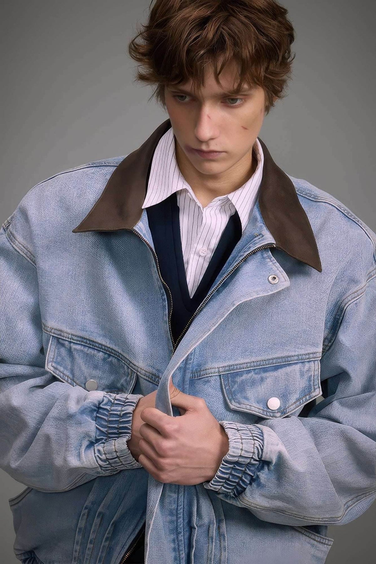 Vintage Washed Denim Jacket with Color Block Collar, American Streetwear Style - URBANPICK FASHION