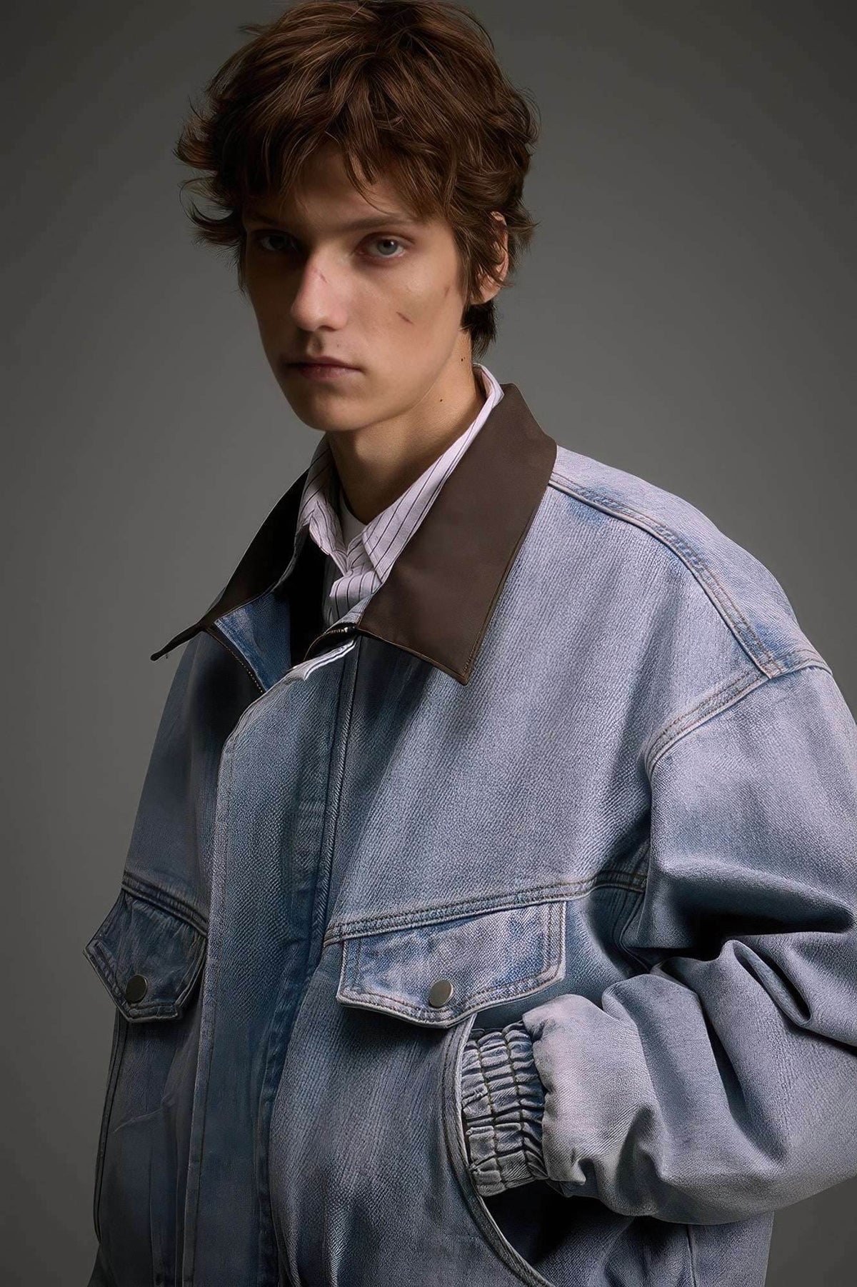 Vintage Washed Denim Jacket with Color Block Collar, American Streetwear Style - URBANPICK FASHION