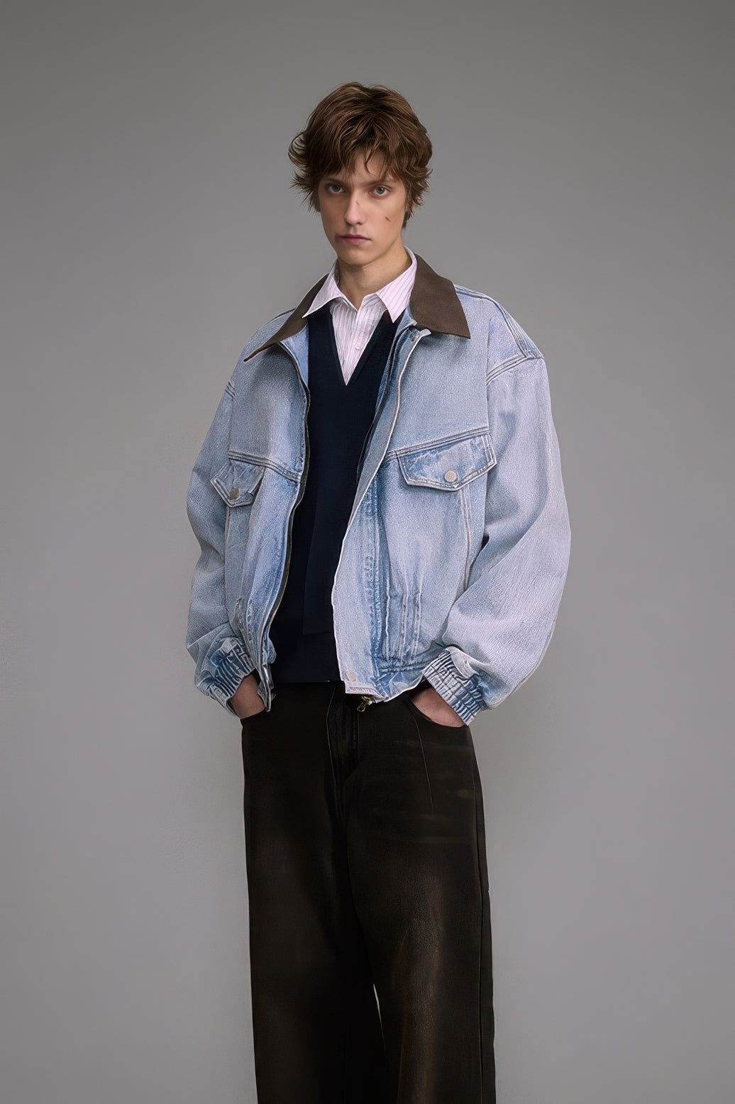 Vintage Washed Denim Jacket with Color Block Collar, American Streetwear Style - URBANPICK FASHION