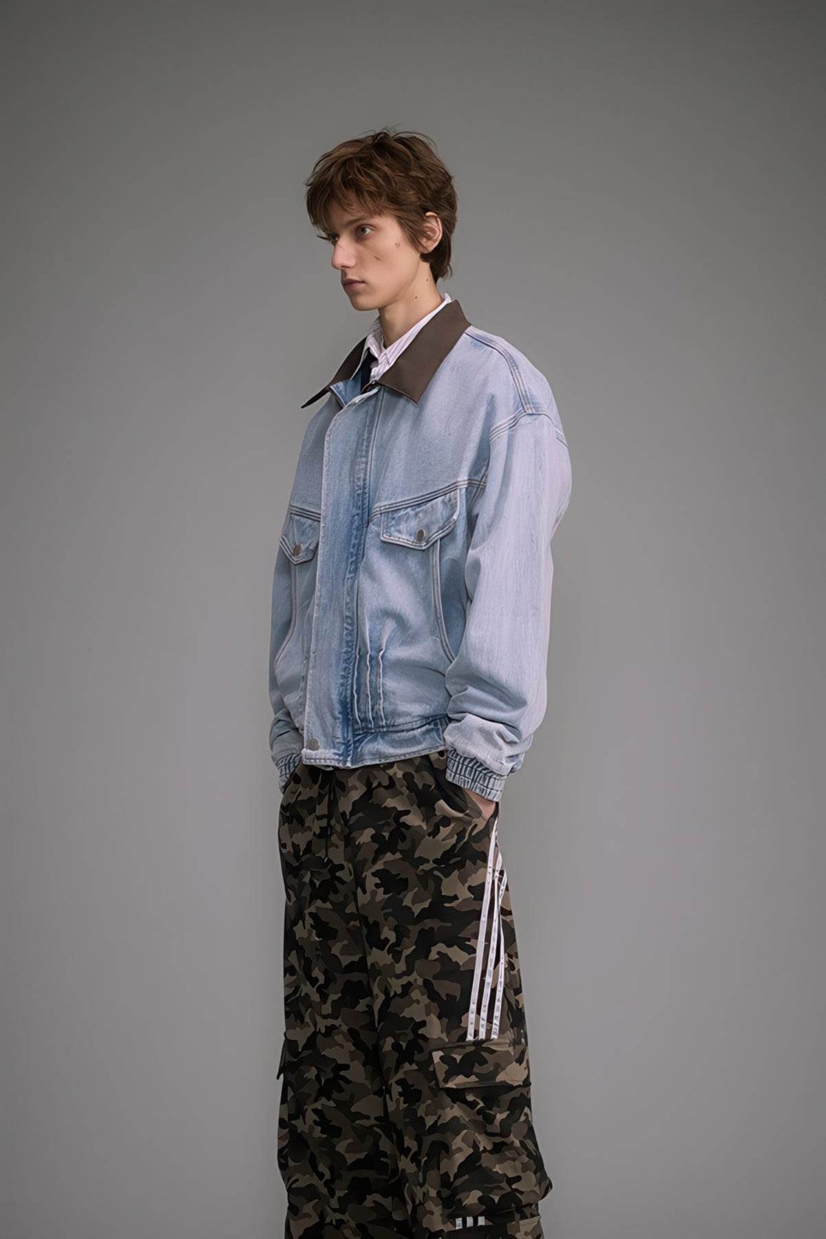 Vintage Washed Denim Jacket with Color Block Collar, American Streetwear Style - URBANPICK FASHION