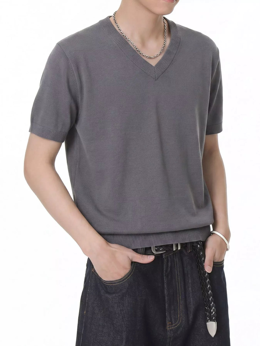 Men's V-Neck Short-Sleeve Knit T-Shirt - URBANPICK FASHION