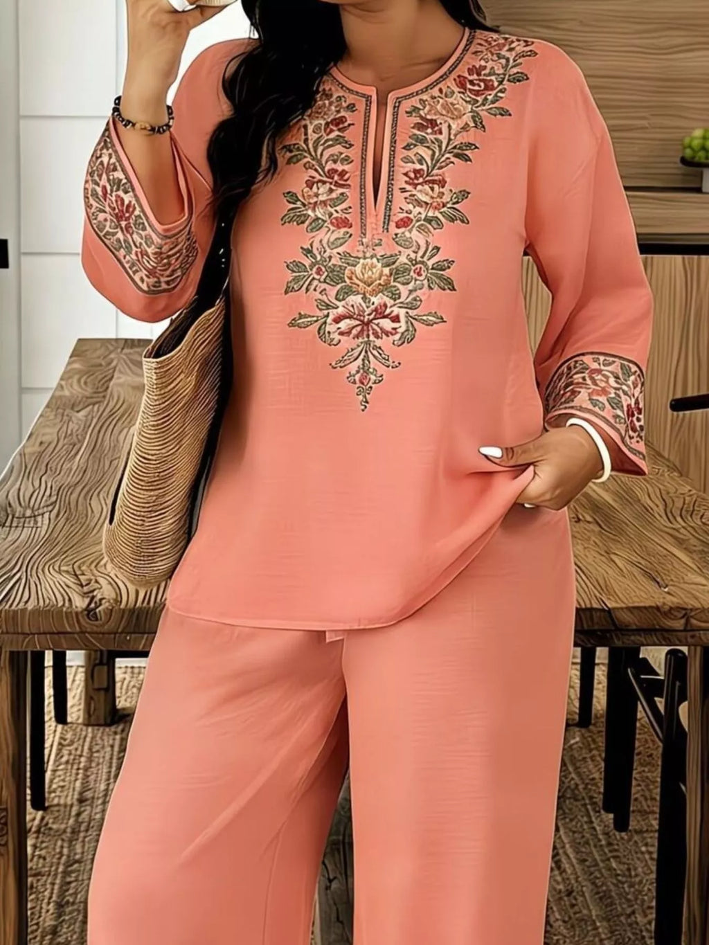 Full Size Embroidered Long Sleeve Top and Pants Set Plus Size - URBANPICK FASHION
