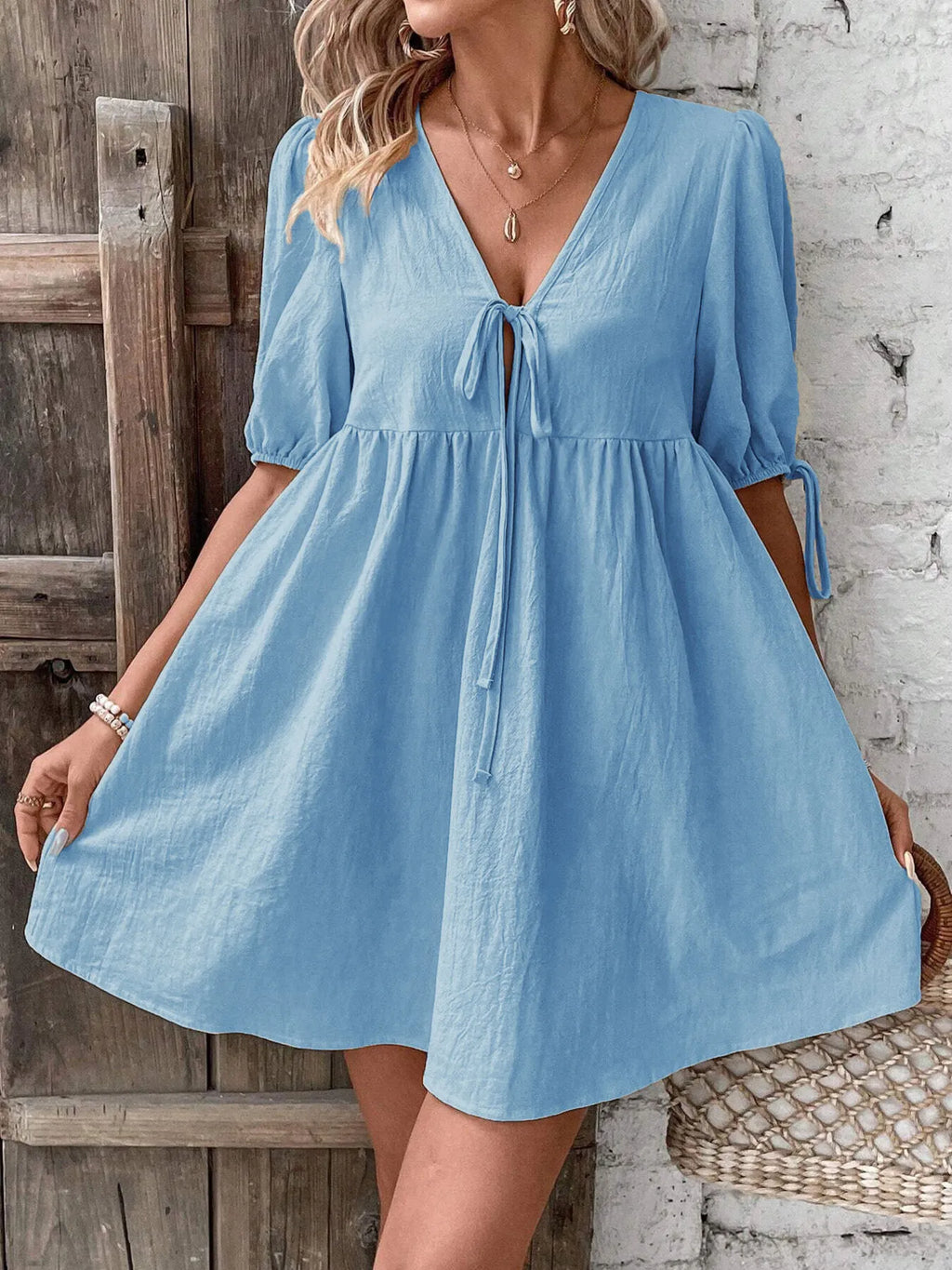 V-Neck Tie-Front Mini Dress with Puff Sleeves - URBANPICK FASHION