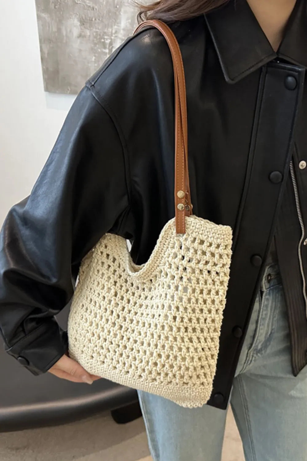 Openwork Woven Tote Bag - URBANPICK FASHION