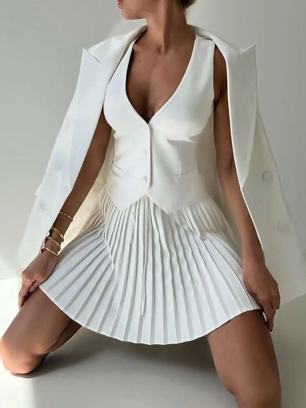 Button Up Vest and Pleated Mini Skirt Set - URBANPICK FASHION