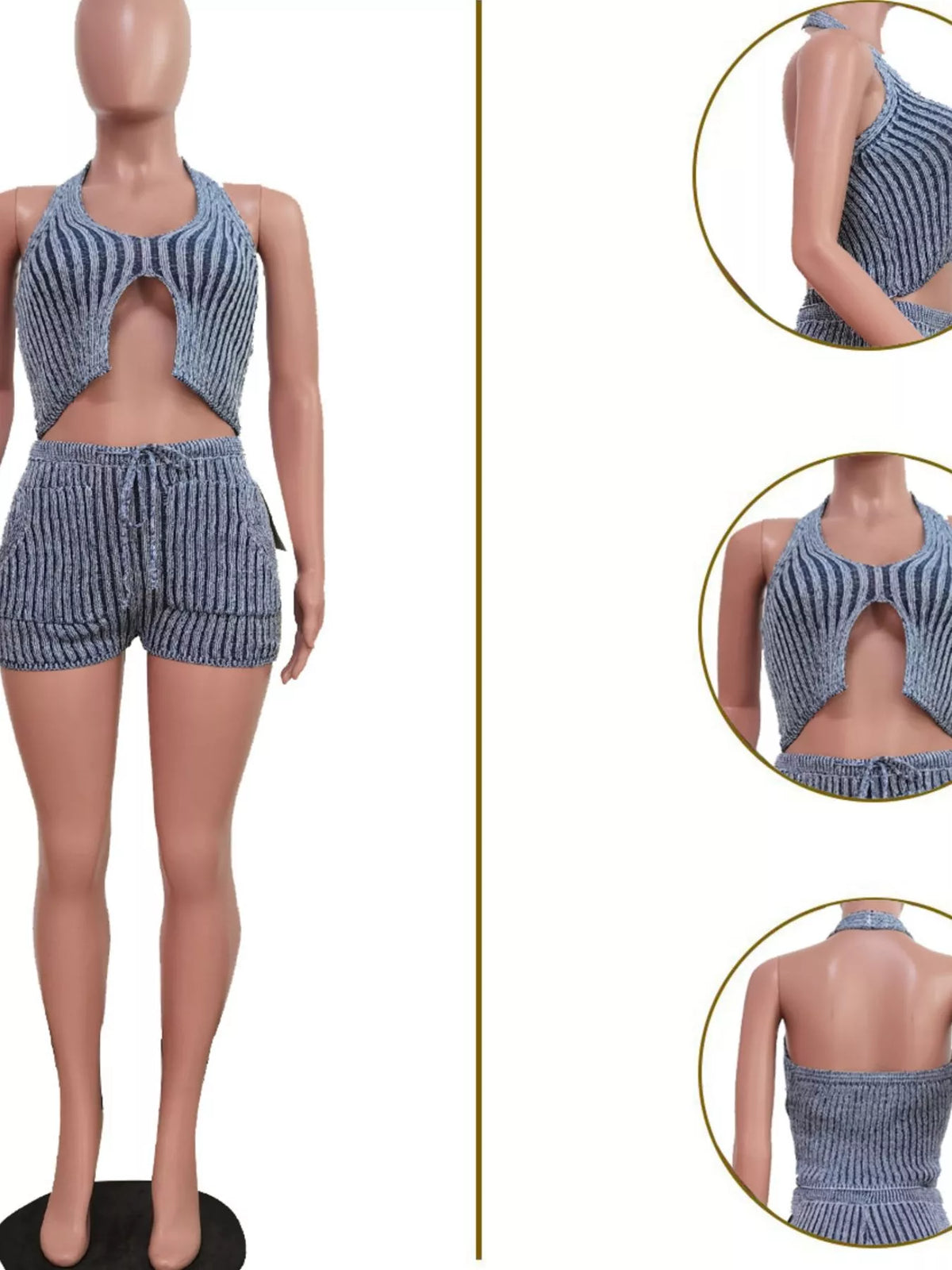 Halter Neck Top and Shorts Sweater Set - URBANPICK FASHION