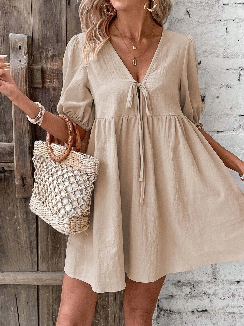 V-Neck Tie-Front Mini Dress with Puff Sleeves - URBANPICK FASHION