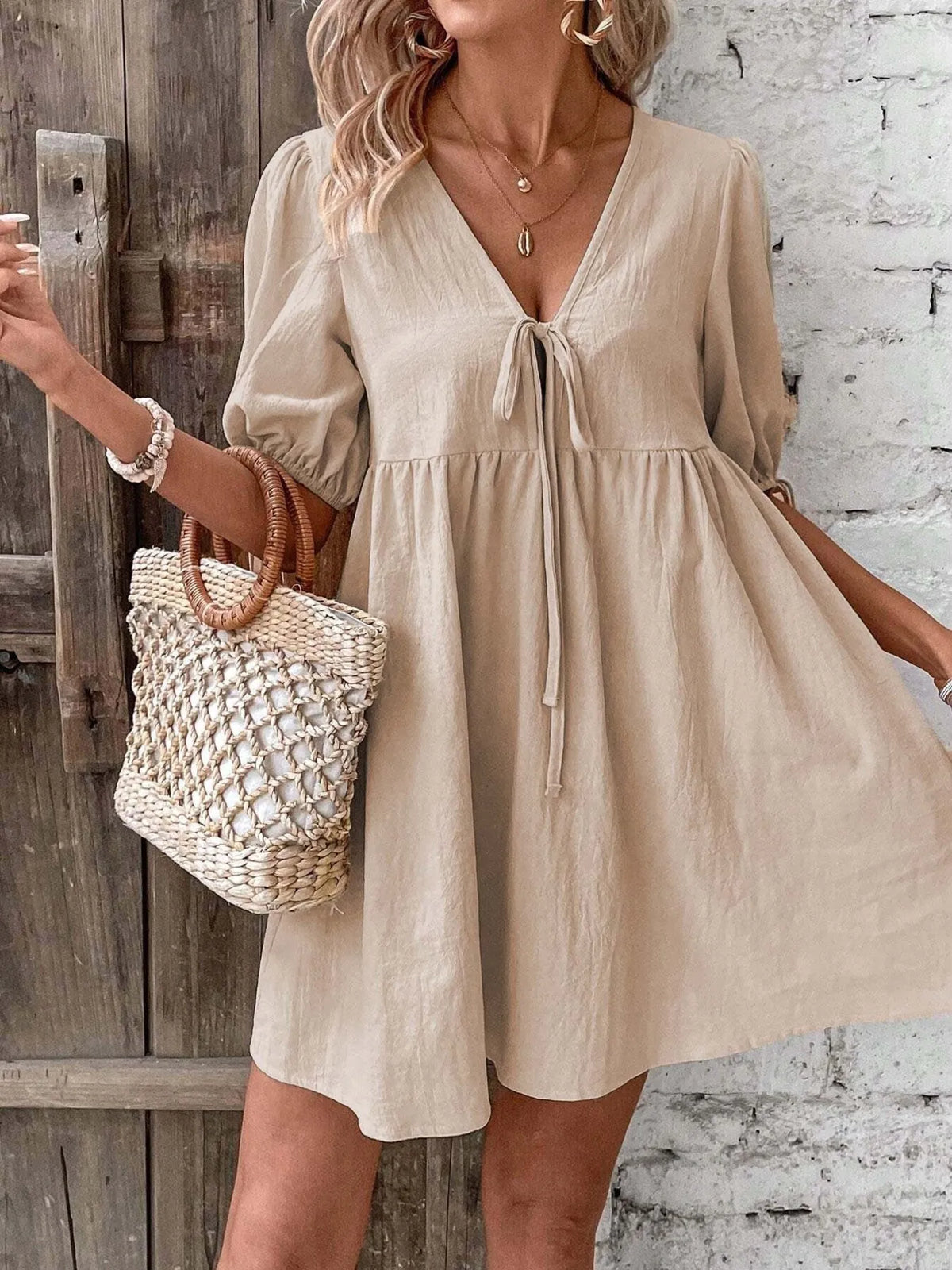 V-Neck Tie-Front Mini Dress with Puff Sleeves - URBANPICK FASHION
