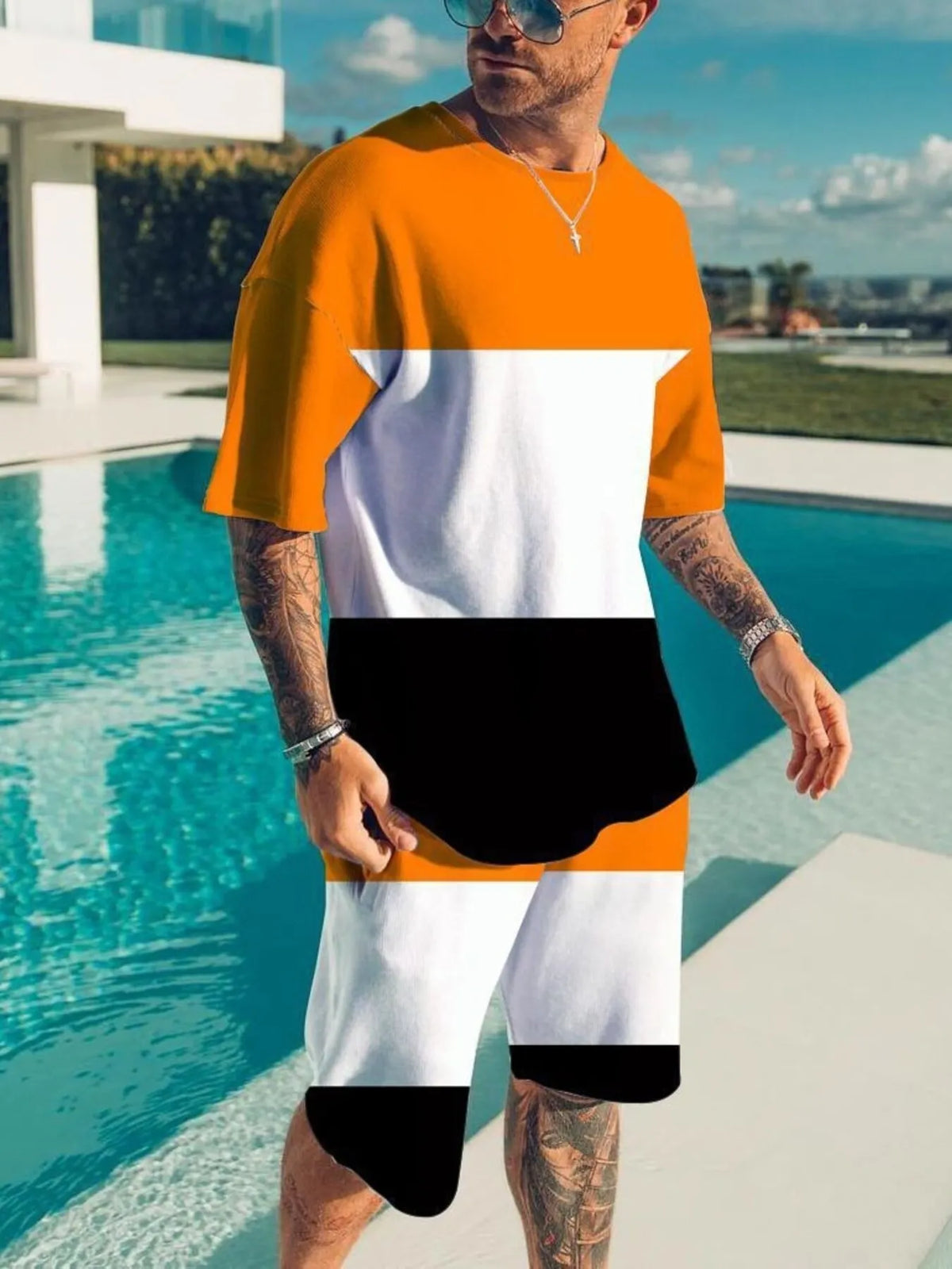 Men's Full Size Color Block Tee and Shorts Set Plus Size - URBANPICK FASHION