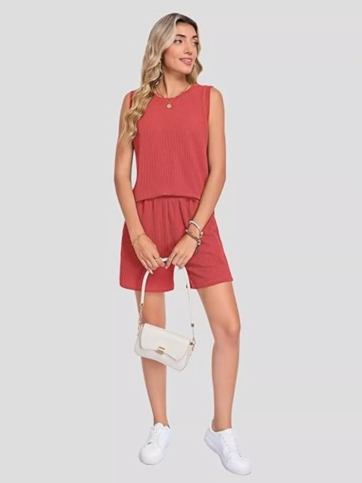 Casual Ribbed Knit Sleeveless Top and Shorts Set - URBANPICK FASHION