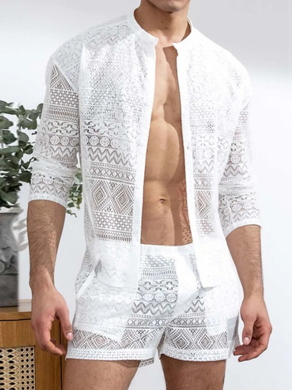Men's Full Size Lace Button Down Top and Shorts Set Plus Size - URBANPICK FASHION