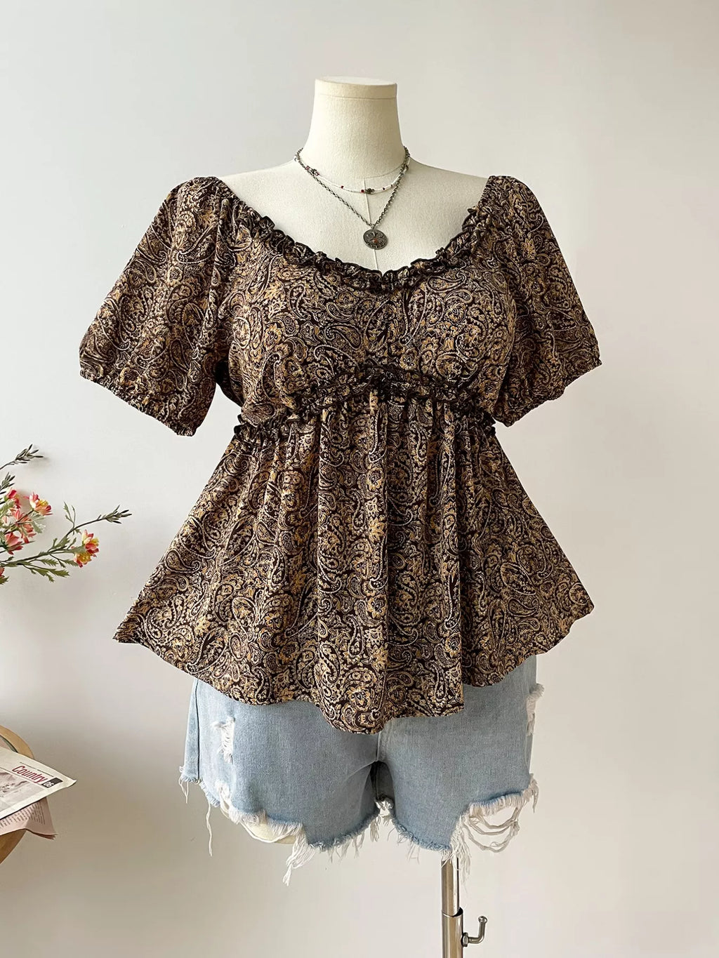 Plus Size Paisley Print Short Sleeve Blouse - URBANPICK FASHION