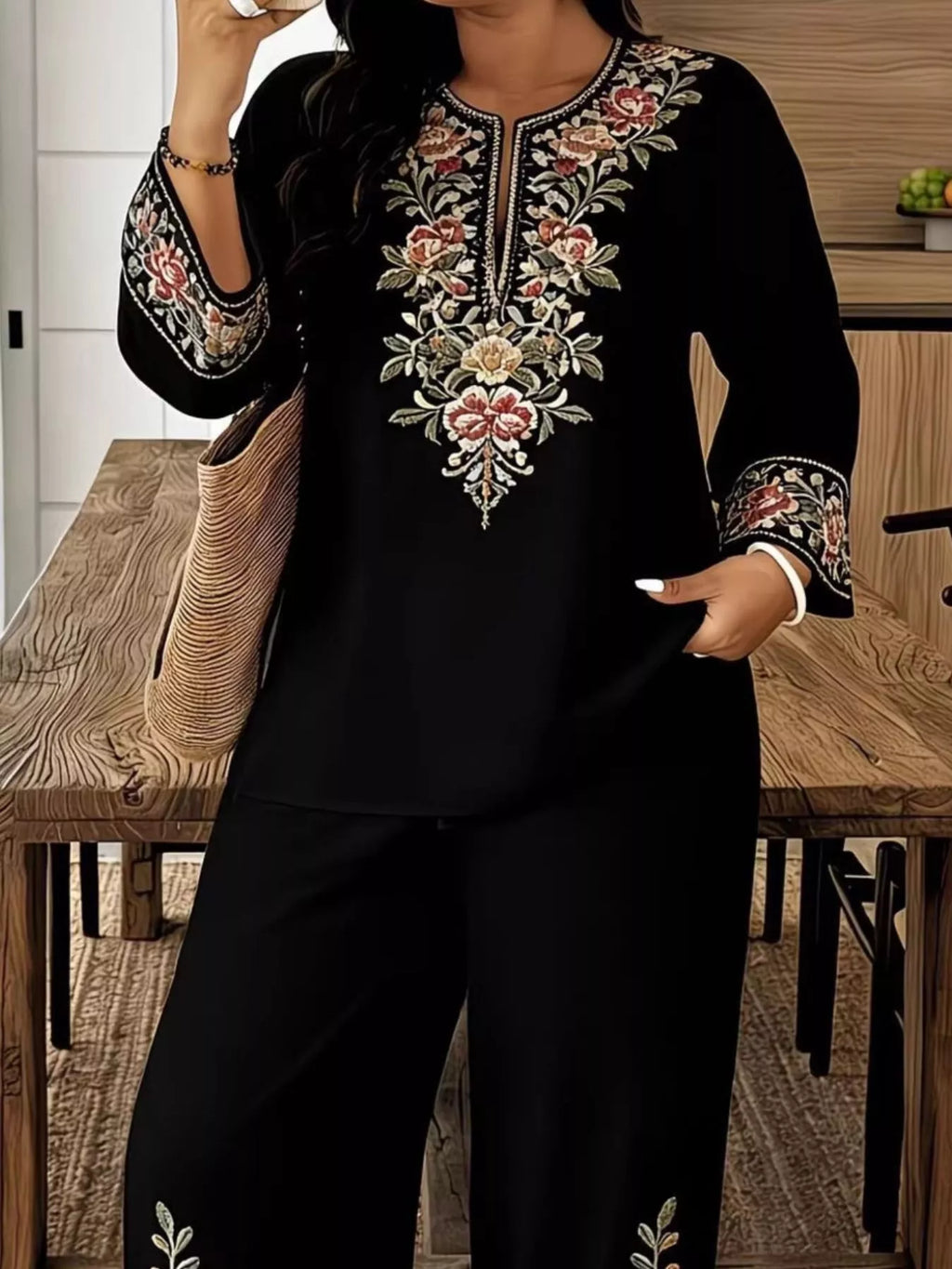 Full Size Embroidered Long Sleeve Top and Pants Set Plus Size - URBANPICK FASHION