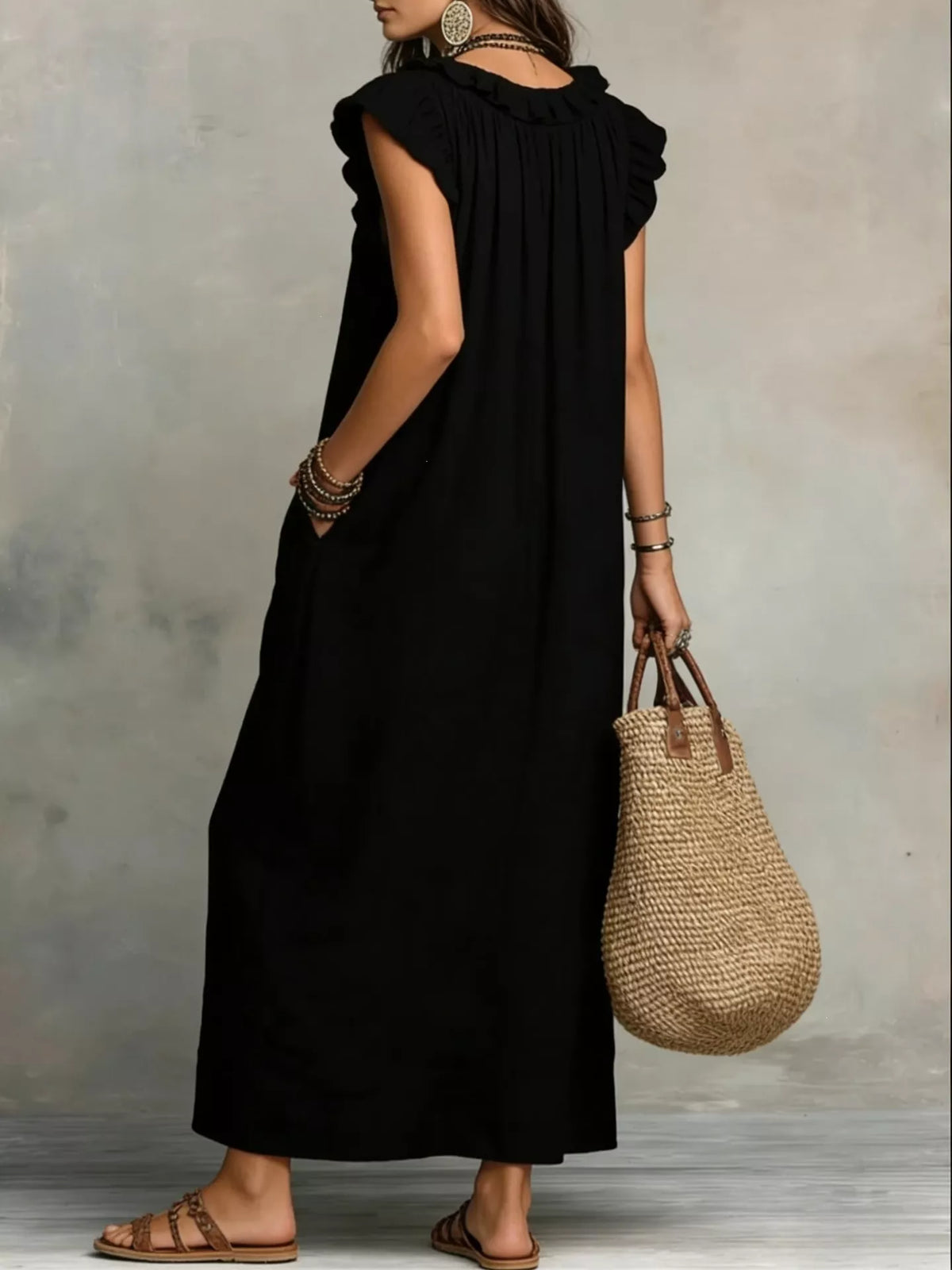 Full Size Ruffled V-Neck Cap Sleeve Maxi Dress Plus Size - URBANPICK FASHION