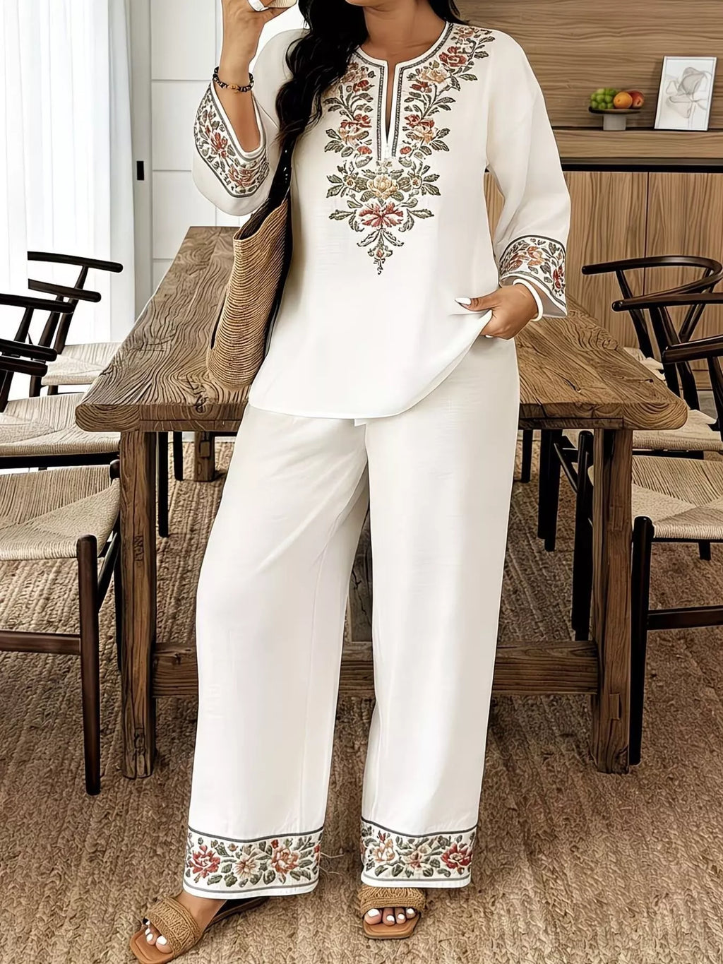 Full Size Embroidered Long Sleeve Top and Pants Set Plus Size - URBANPICK FASHION