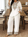 Full Size Embroidered Long Sleeve Top and Pants Set Plus Size - URBANPICK FASHION