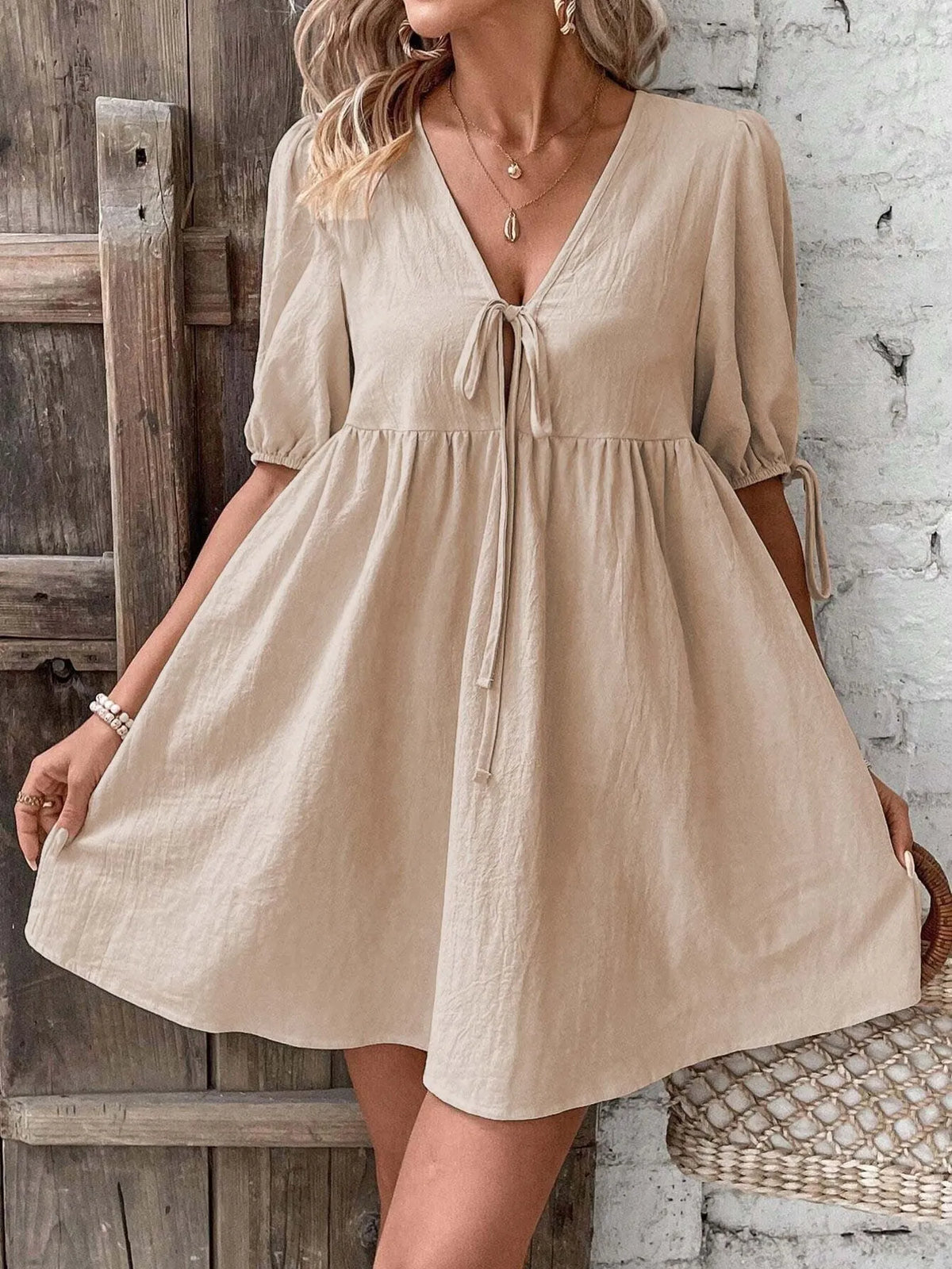 V-Neck Tie-Front Mini Dress with Puff Sleeves - URBANPICK FASHION
