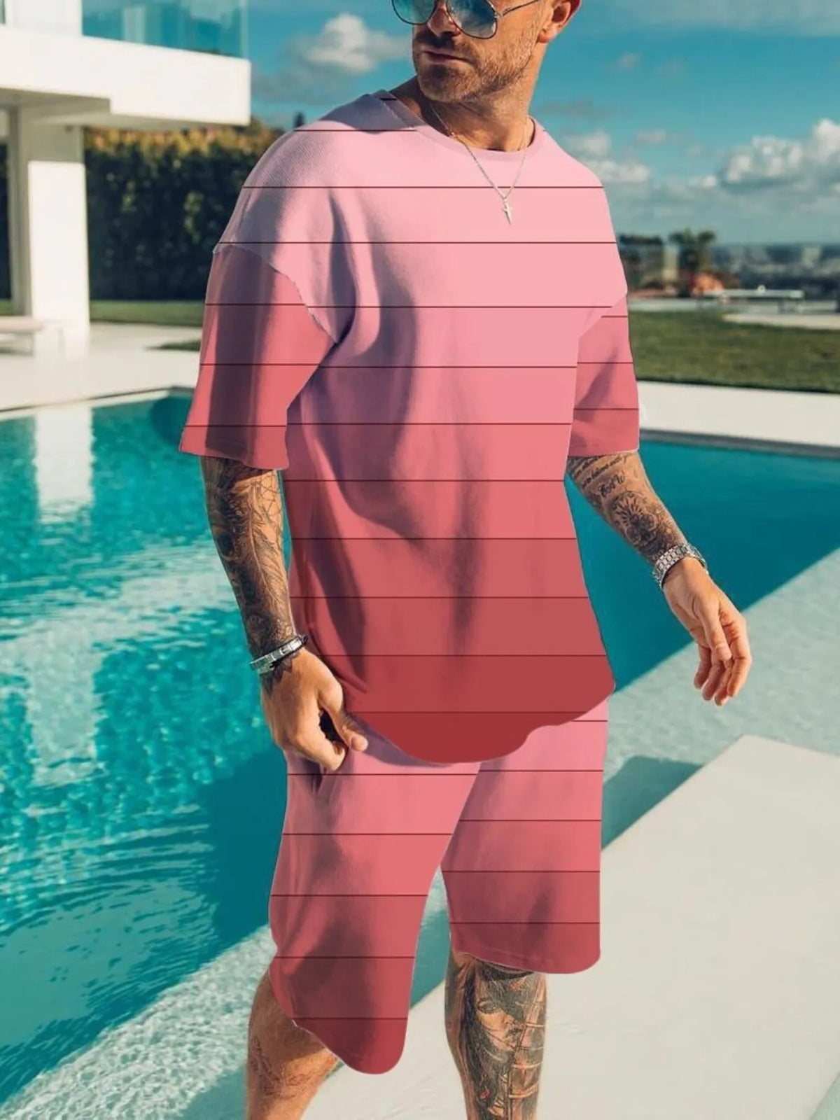 Men's Full Size Color Block Tee and Shorts Set Plus Size - URBANPICK FASHION