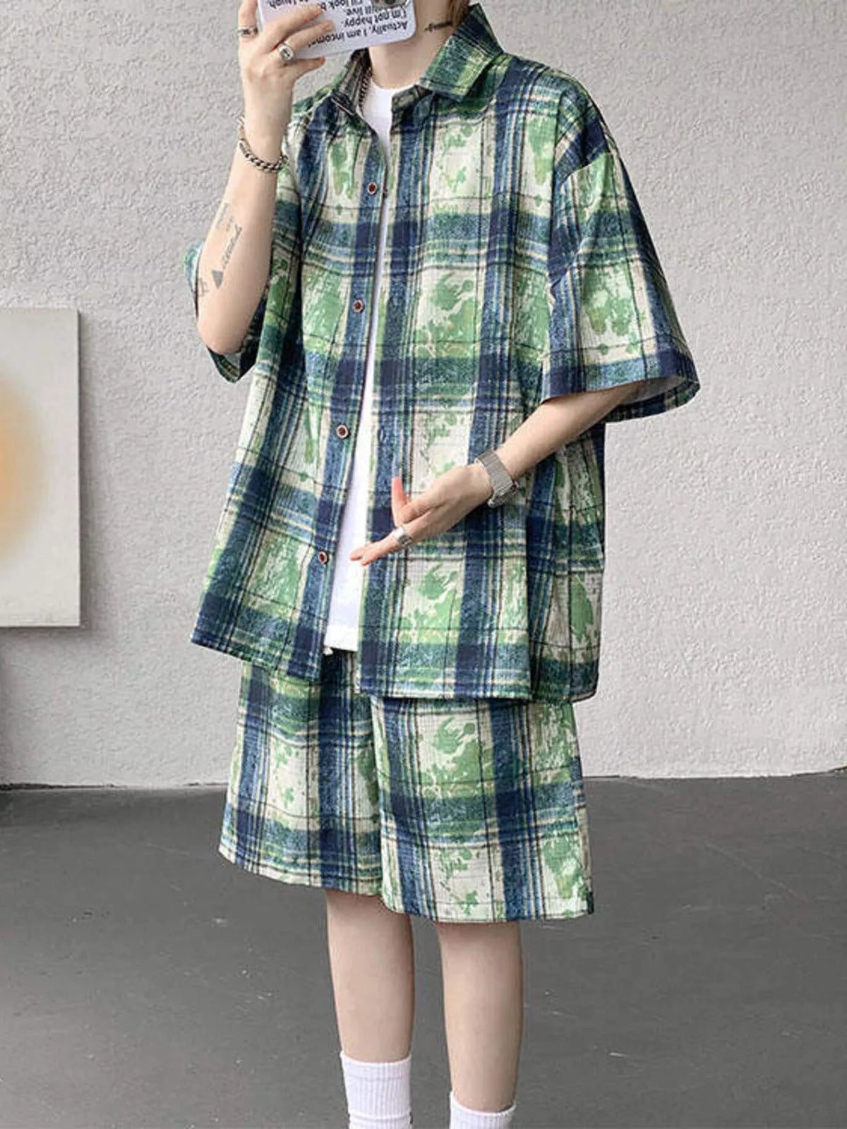 Men's Plus Size Casual Plaid Print Shirt & Shorts Set - URBANPICK FASHION