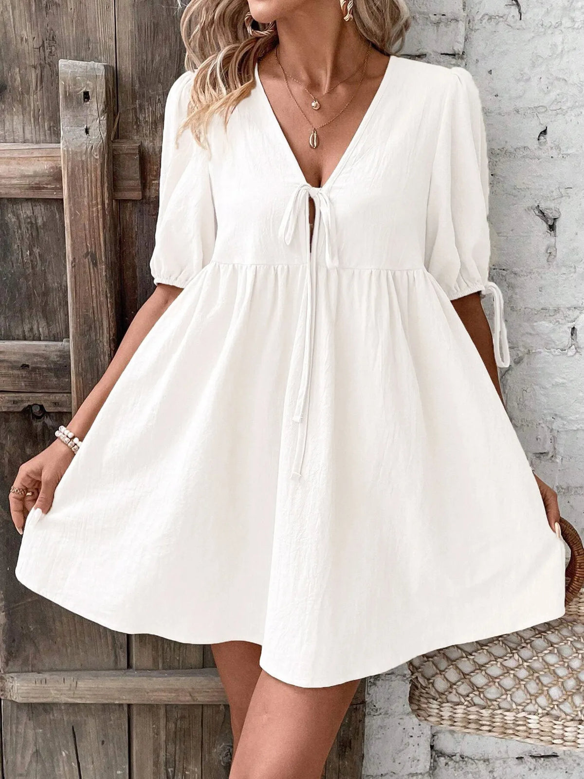 V-Neck Tie-Front Mini Dress with Puff Sleeves - URBANPICK FASHION