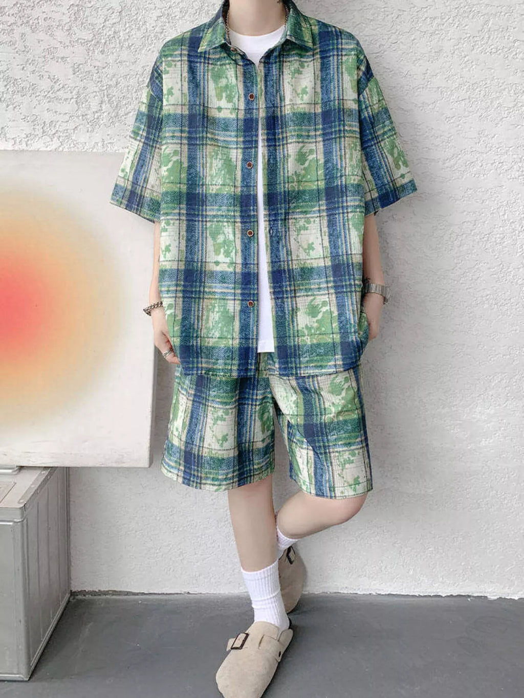Men's Plus Size Casual Plaid Print Shirt & Shorts Set - URBANPICK FASHION