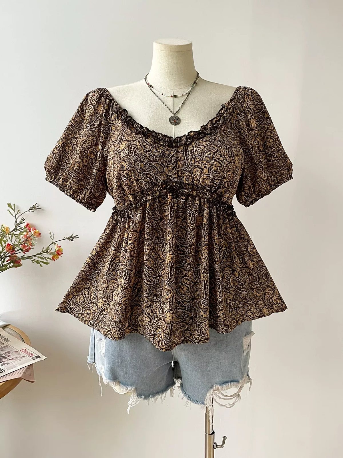 Plus Size Paisley Print Short Sleeve Blouse - URBANPICK FASHION