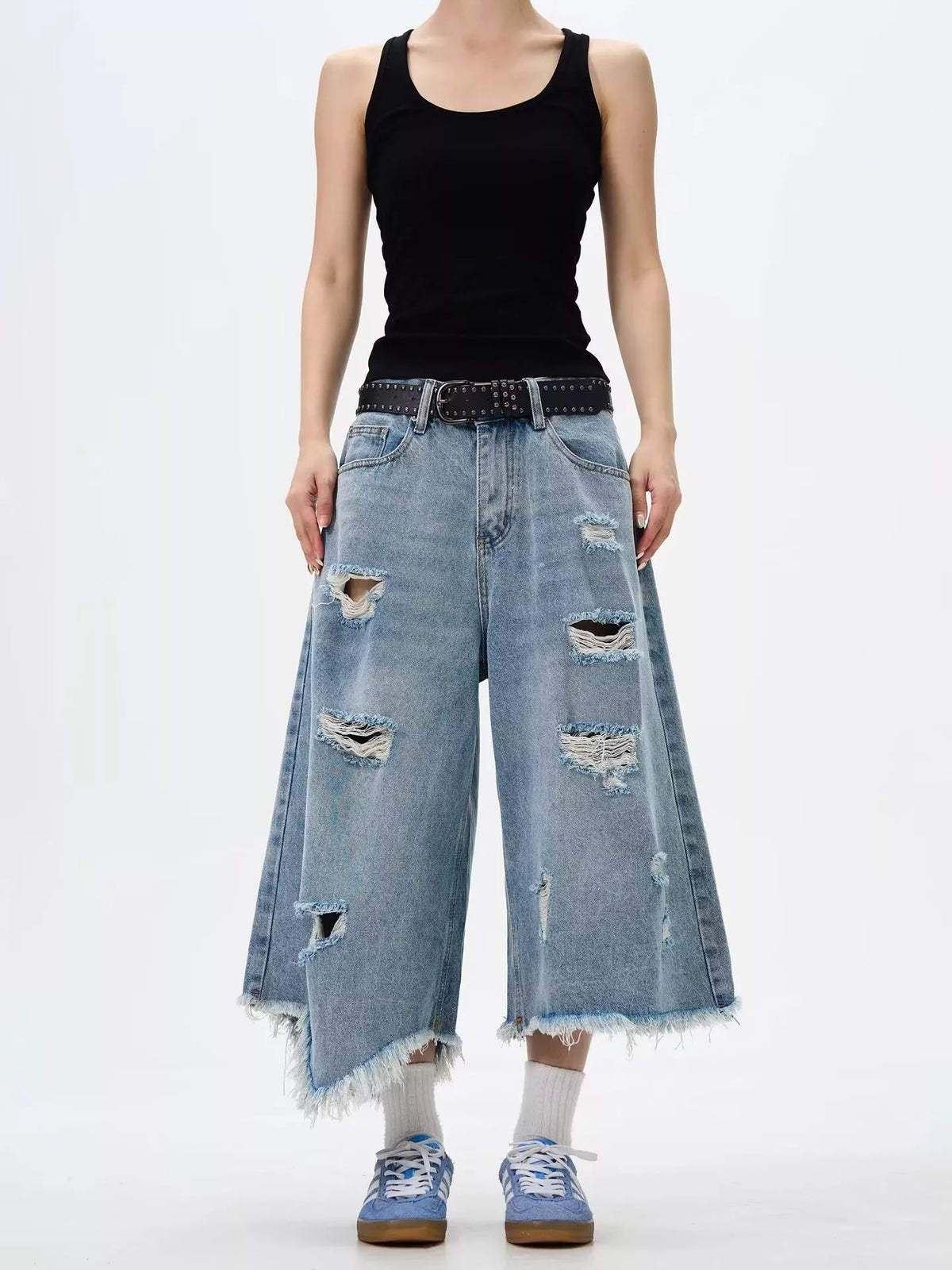 Men's Full Size Distressed Raw Hem Wide Leg Jeans Plus Size - URBANPICK FASHION
