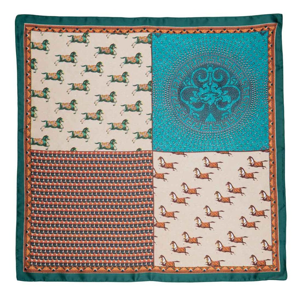 Empire - Stylized Equestrian Pattern Multi-Color w/ Emerald Border Scarf - URBANPICK FASHION
