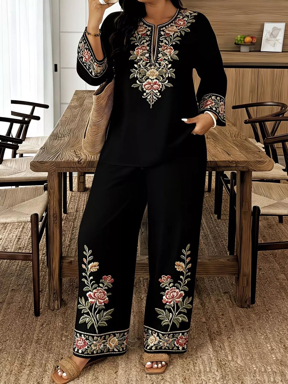 Full Size Embroidered Long Sleeve Top and Pants Set Plus Size - URBANPICK FASHION