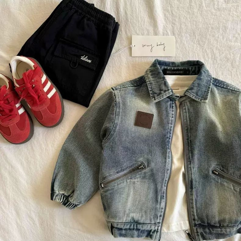 Kids Retro Distressed Denim Jacket – Light Blue