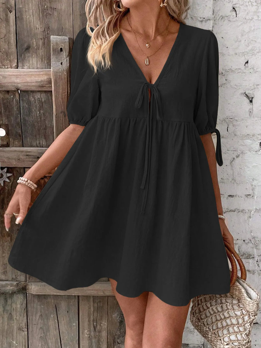 V-Neck Tie-Front Mini Dress with Puff Sleeves - URBANPICK FASHION