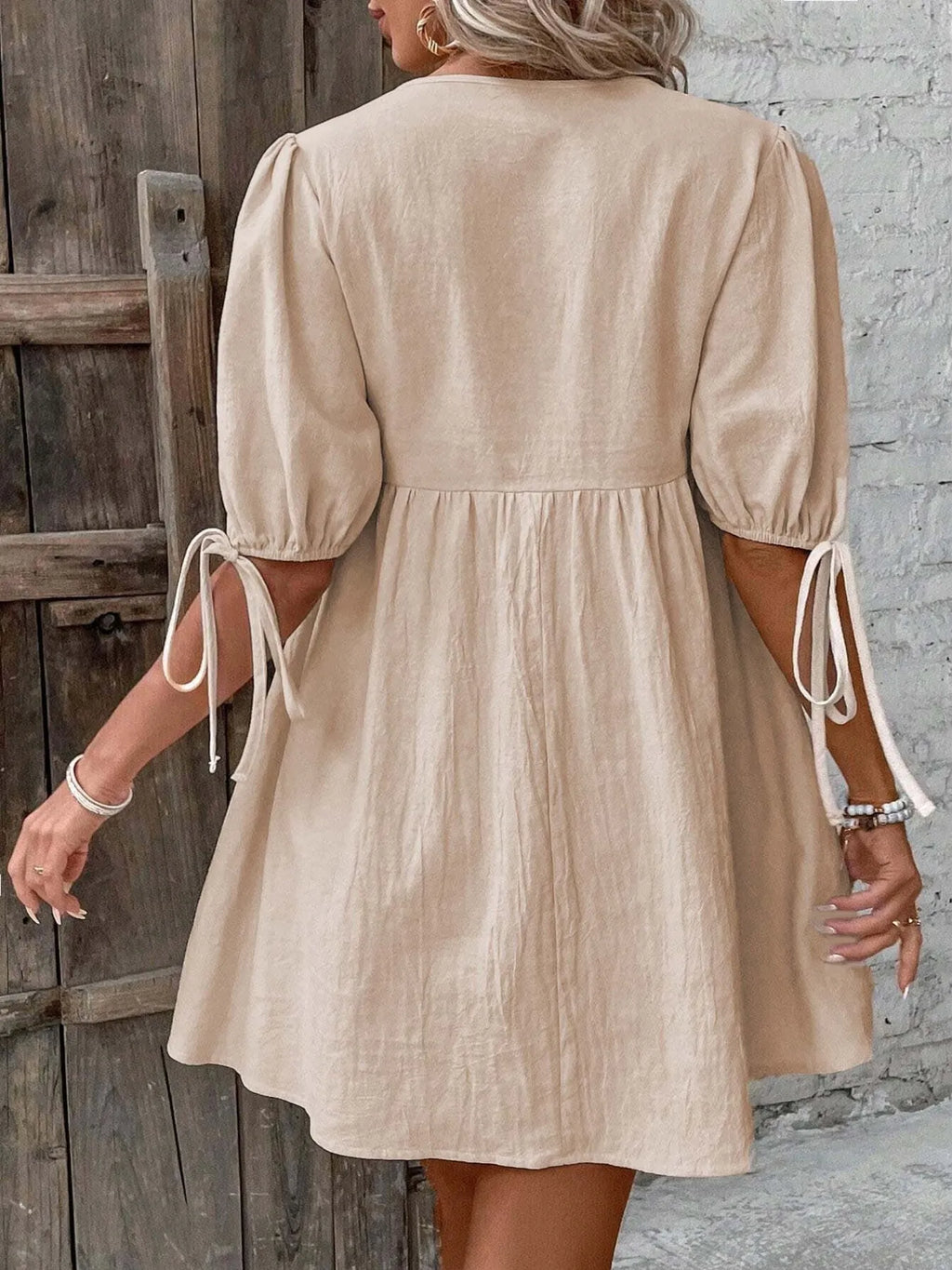 V-Neck Tie-Front Mini Dress with Puff Sleeves - URBANPICK FASHION