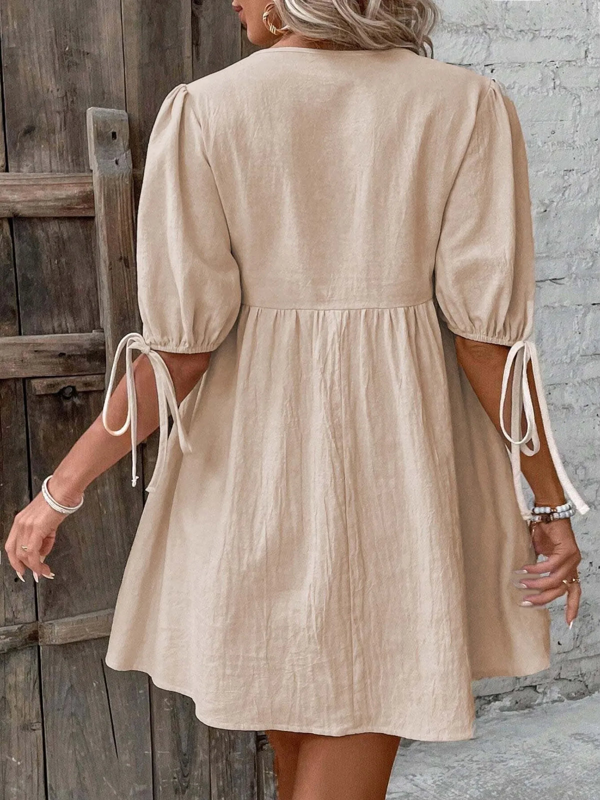 V-Neck Tie-Front Mini Dress with Puff Sleeves - URBANPICK FASHION