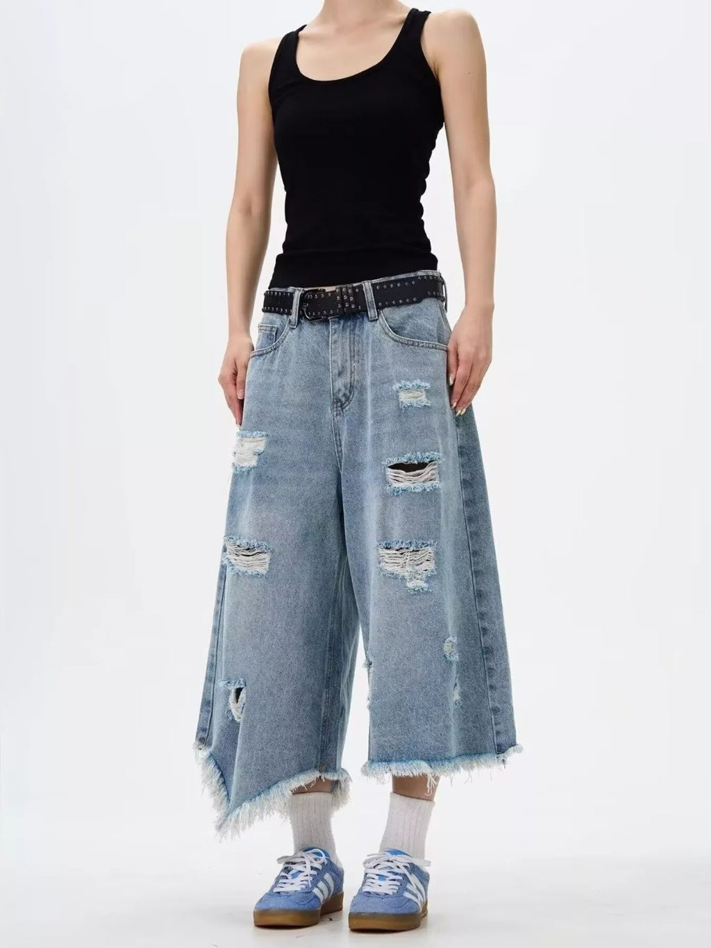 Men's Full Size Distressed Raw Hem Wide Leg Jeans Plus Size - URBANPICK FASHION