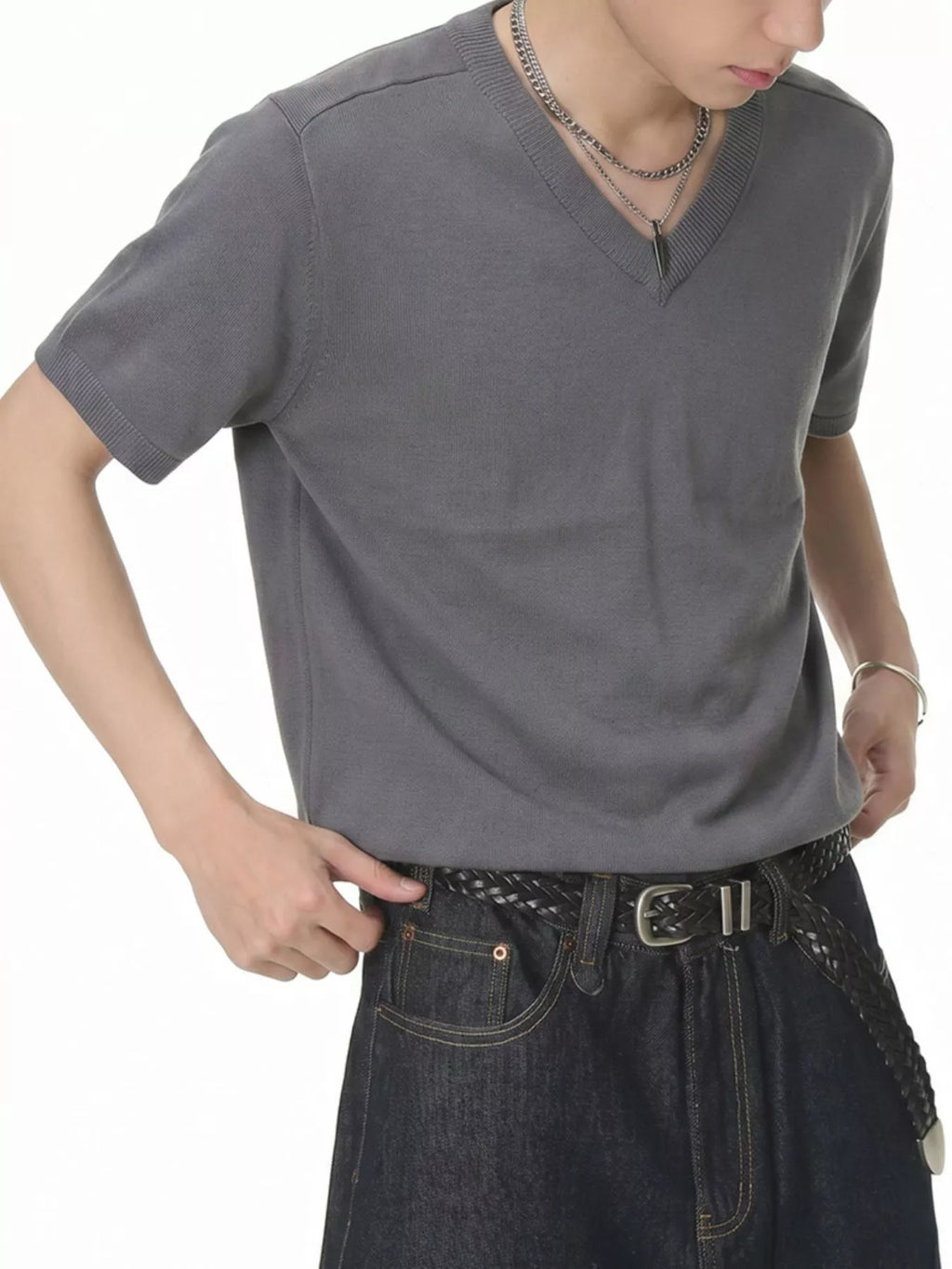 Men's V-Neck Short-Sleeve Knit T-Shirt - URBANPICK FASHION