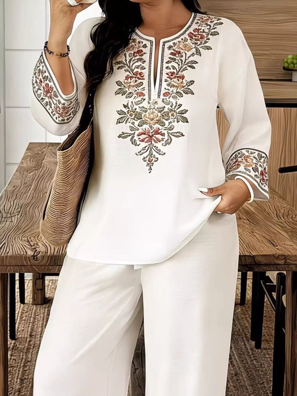 Full Size Embroidered Long Sleeve Top and Pants Set Plus Size - URBANPICK FASHION