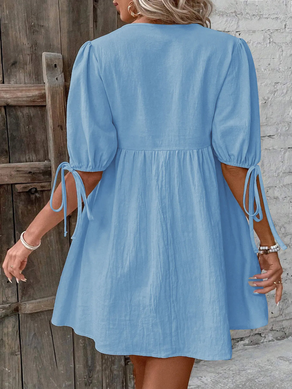 V-Neck Tie-Front Mini Dress with Puff Sleeves - URBANPICK FASHION