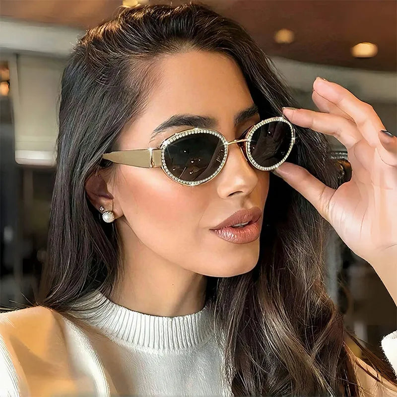 Rhinestones Decor Oval Sunglasses - URBANPICK FASHION