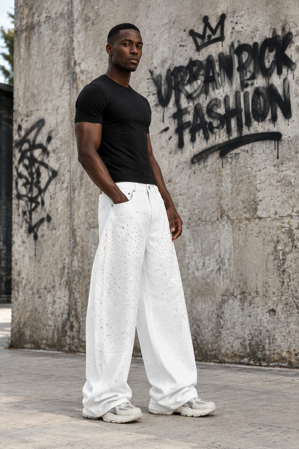 Mur avec signage URBANPICK FASHION, angle 3/4